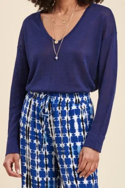 Cheap La Fée Maraboutée Pull fluide en lin à manches longues - S Bleu