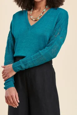 Outlet La Fée Maraboutée Pull fluide en lin à manches longues - XS Bleu